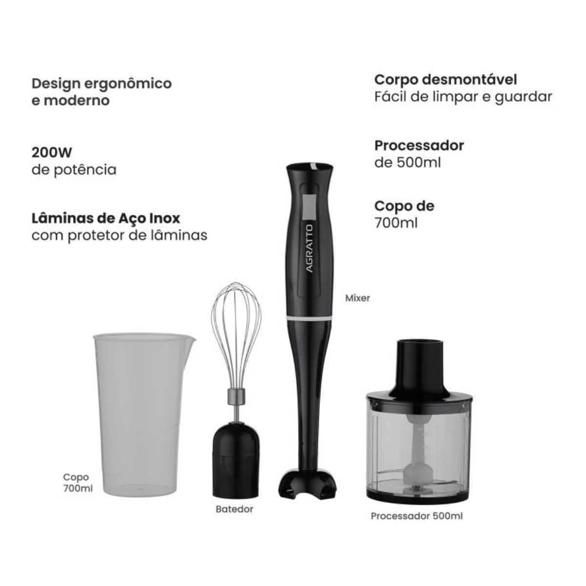 Kit Mixer 3 Em 1 Processador Batedor Liquidificador Portátil