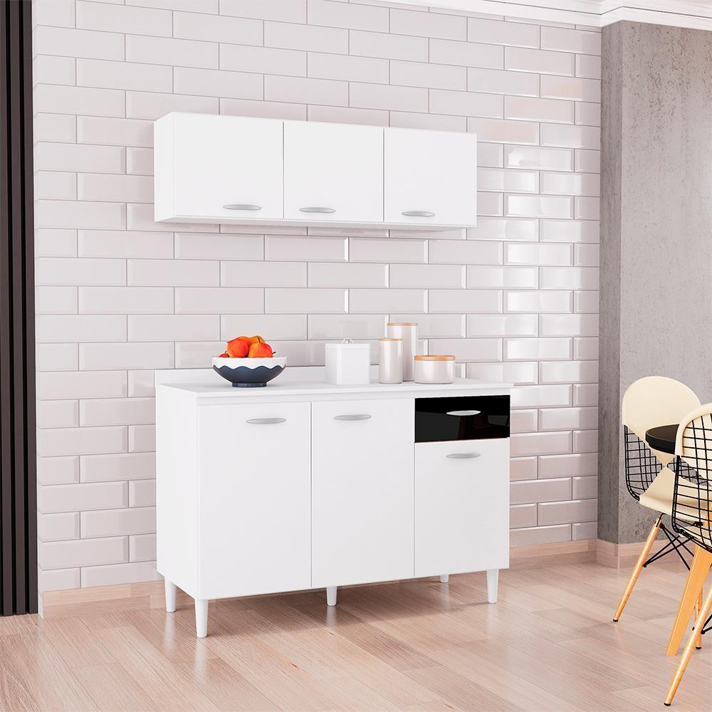 Miniatura Armario Aereo 3 Portas E Balcao 120 Cm Branco Preto Poqq Branco Preto