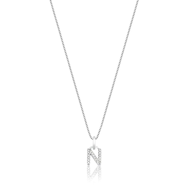 Miniatura Pingente Letra N com Diamante em Ouro Branco 18k