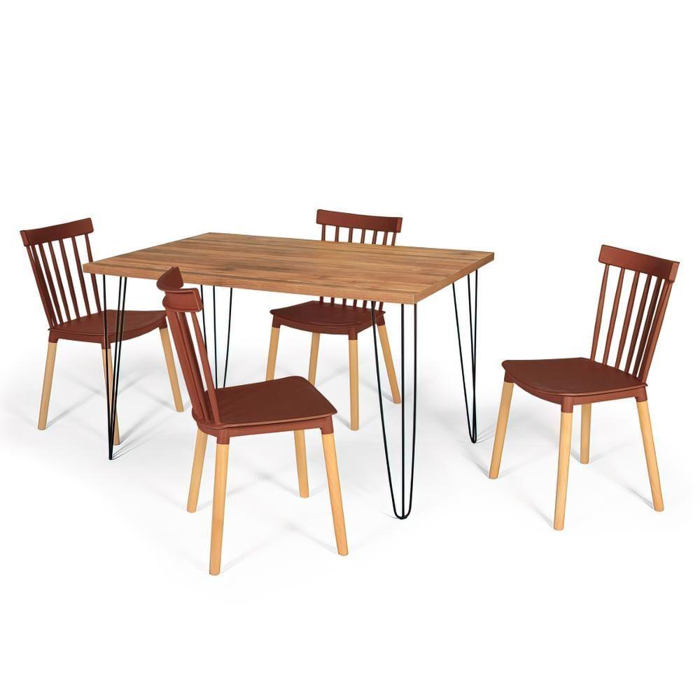 Miniatura Conjunto Mesa De Jantar Hairpin 130x80 Natural Com 4 Cadeiras Eiffel Windsor - Marrom
