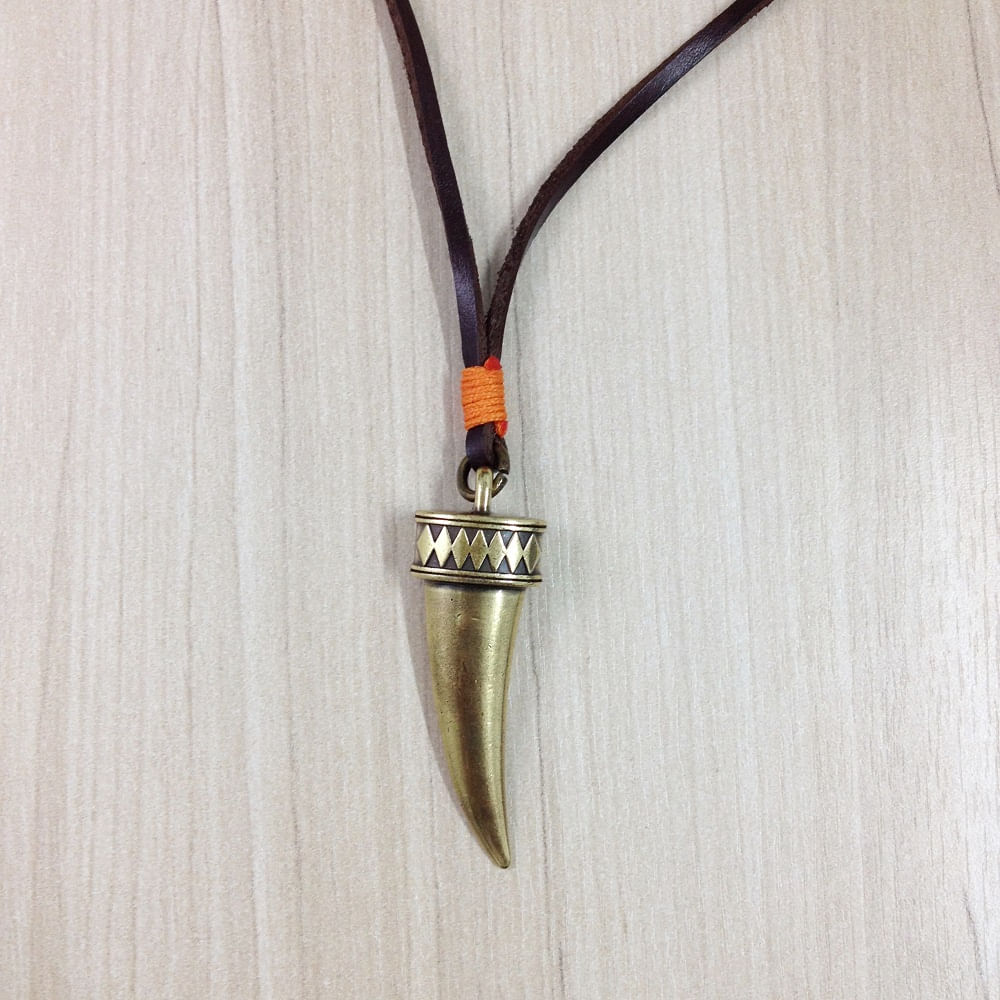Miniatura Colar Masculino Tribal Couro Trançado Dente Presa