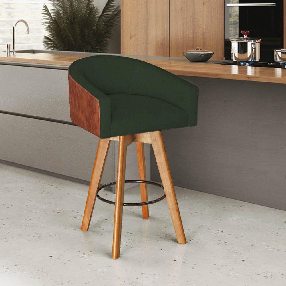 Miniatura Banqueta Tamborete Com Base Giratória De Madeira Sintético Nozes Linho Verde