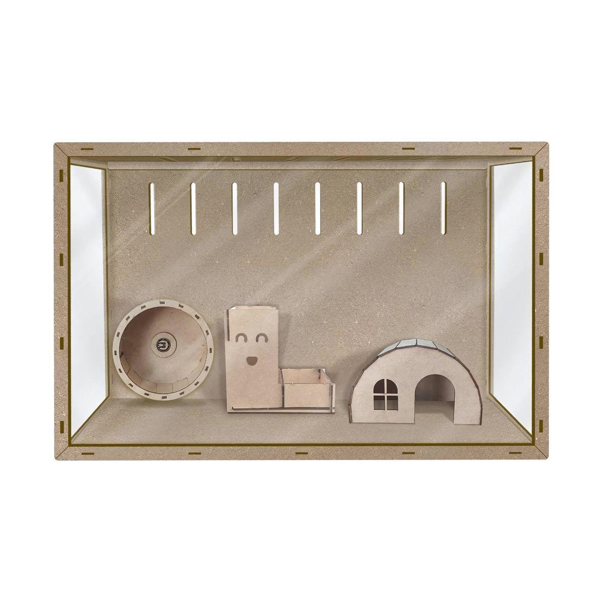 Miniatura Aquário Hamster Mdf Com Ps, Roda, Esconderijo E Brinquedo