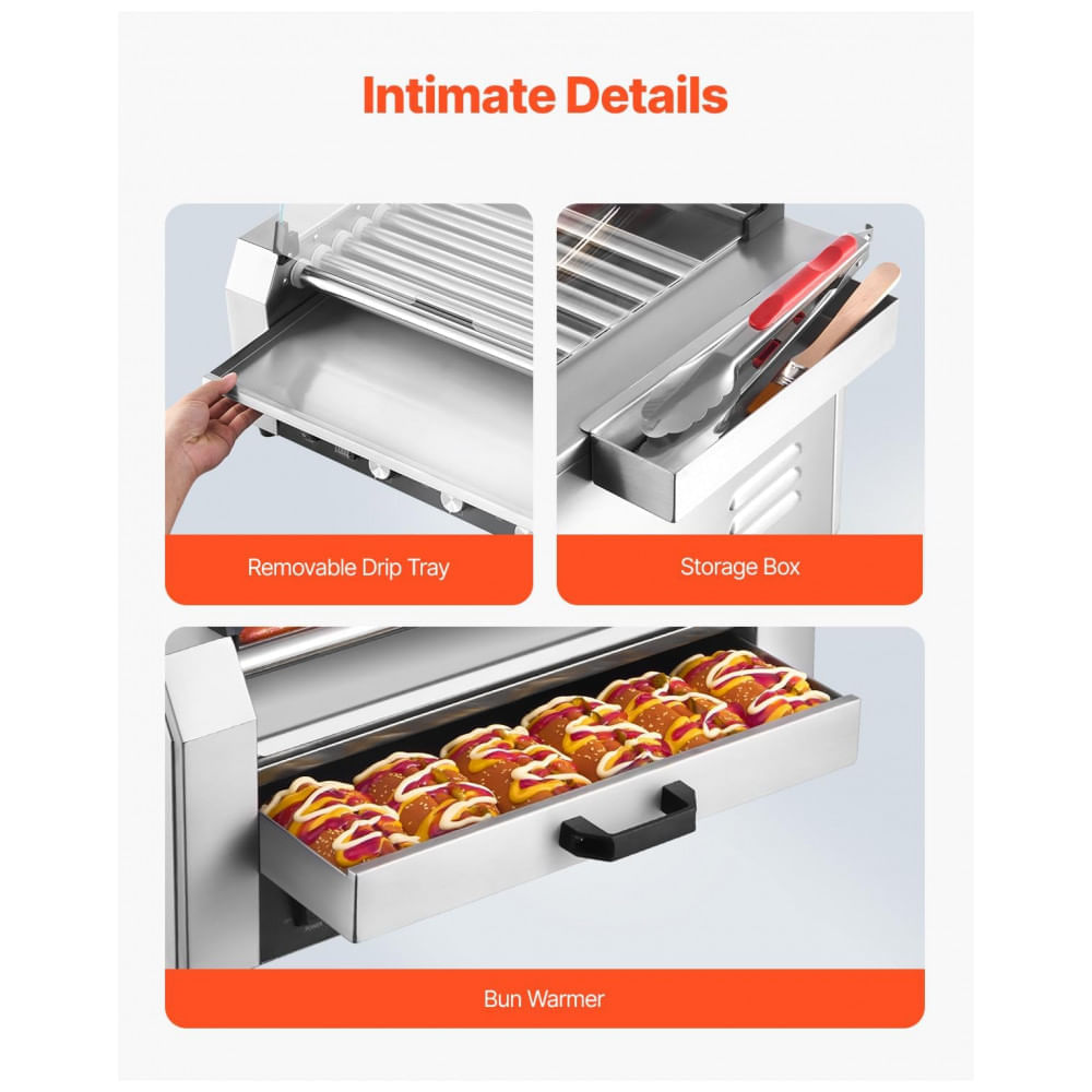 Miniatura Máquina de Cachorro-Quente VEVOR, 18 Hot Dogs em 7 Rolos, Grill de Salsichas em Aço Inoxidável, 1200W com Aquecedor de Pães, Tampa,