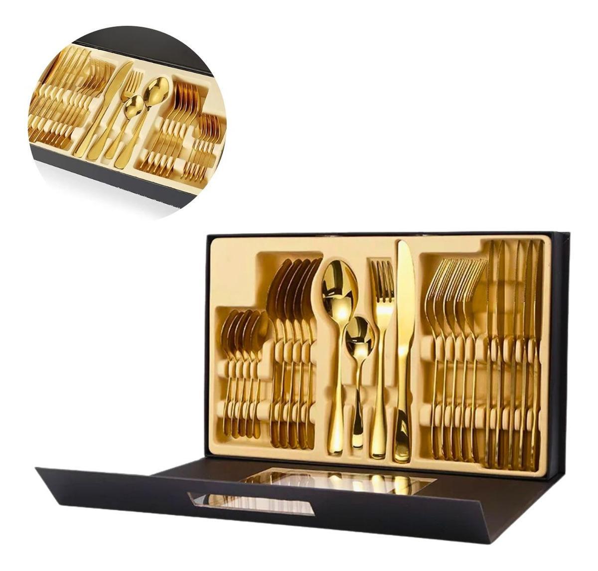Miniatura Jogo Faqueiro Talher Luxo Dourado Aço Inox 24 Pcs Completo