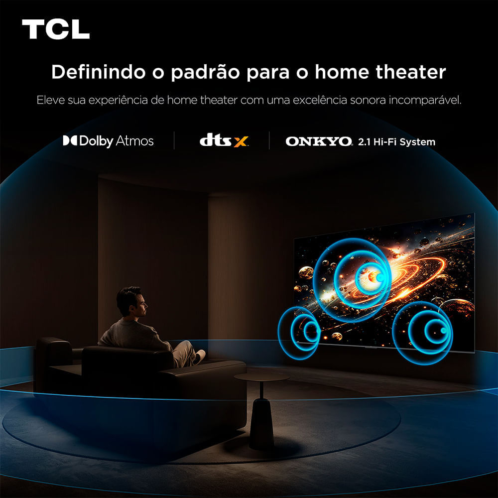 Miniatura Smart TV 4K TCL QD-Mini LED 75” Polegadas com HDMI 2.1, Dolby Vision IQ, Subwoofer, 144Hz VRR e Wi-Fi - 75C6K Bivolt