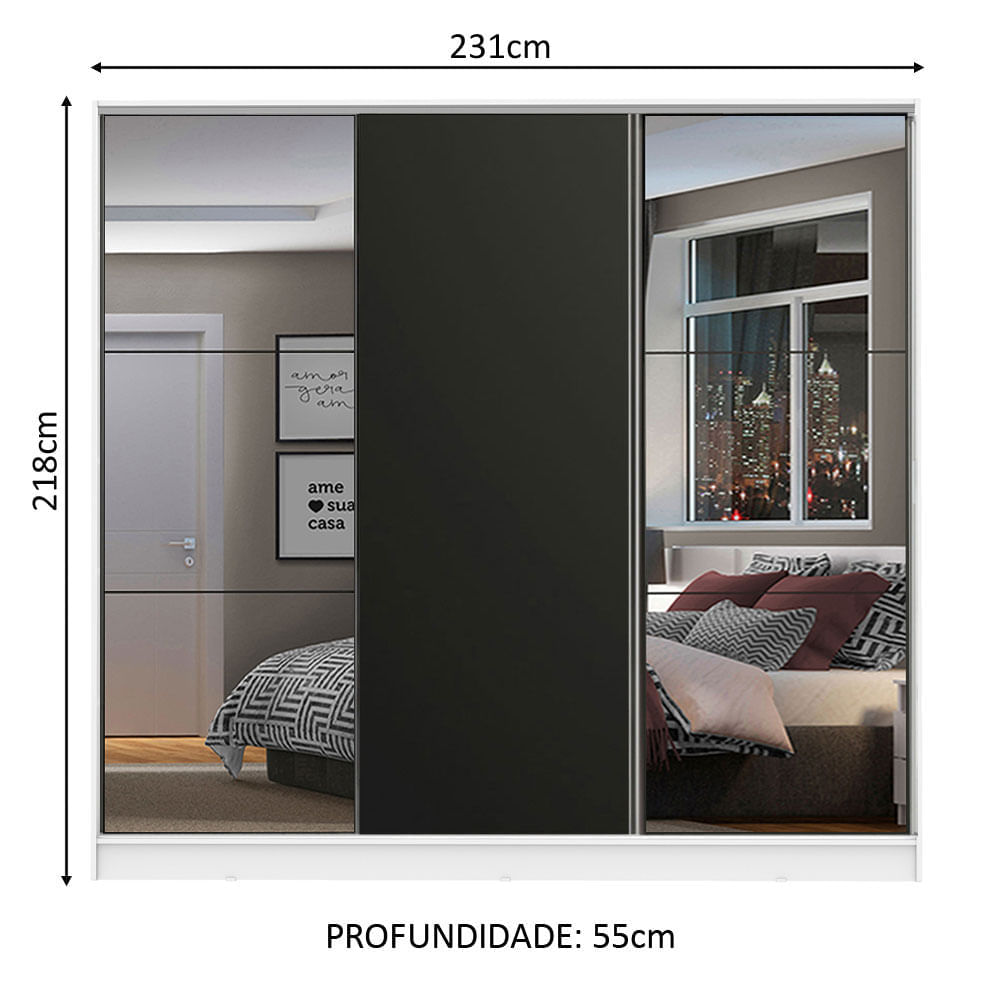 Guarda Roupa Casal 100% MDF Madesa Zurique 3 Portas de Correr com Espelhos Branco/Preto Cor:Branco/Preto