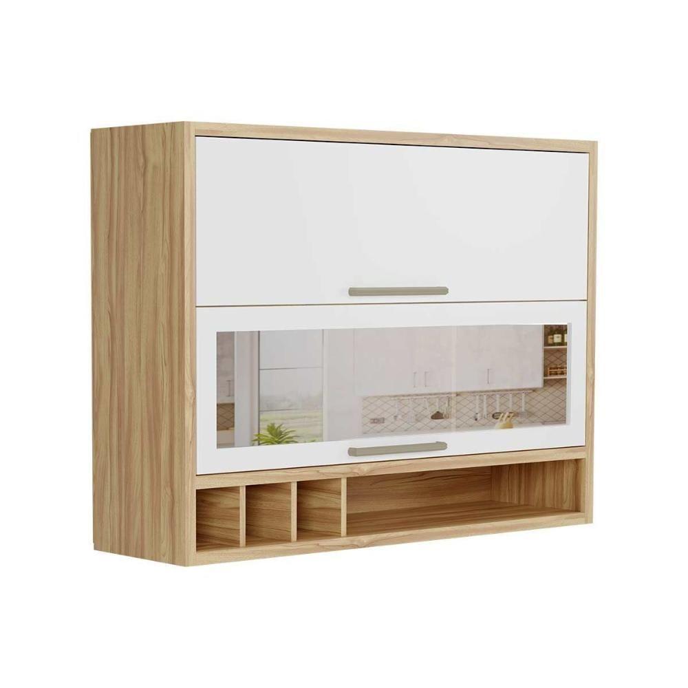 Miniatura Armário Aéreo Cozinha Modulado Syrah Com 2 Portas Basculante (1 Com Vidro Reflecta) E Nicho Garrefeiro 120cm Amendoa-branco - Ronipa