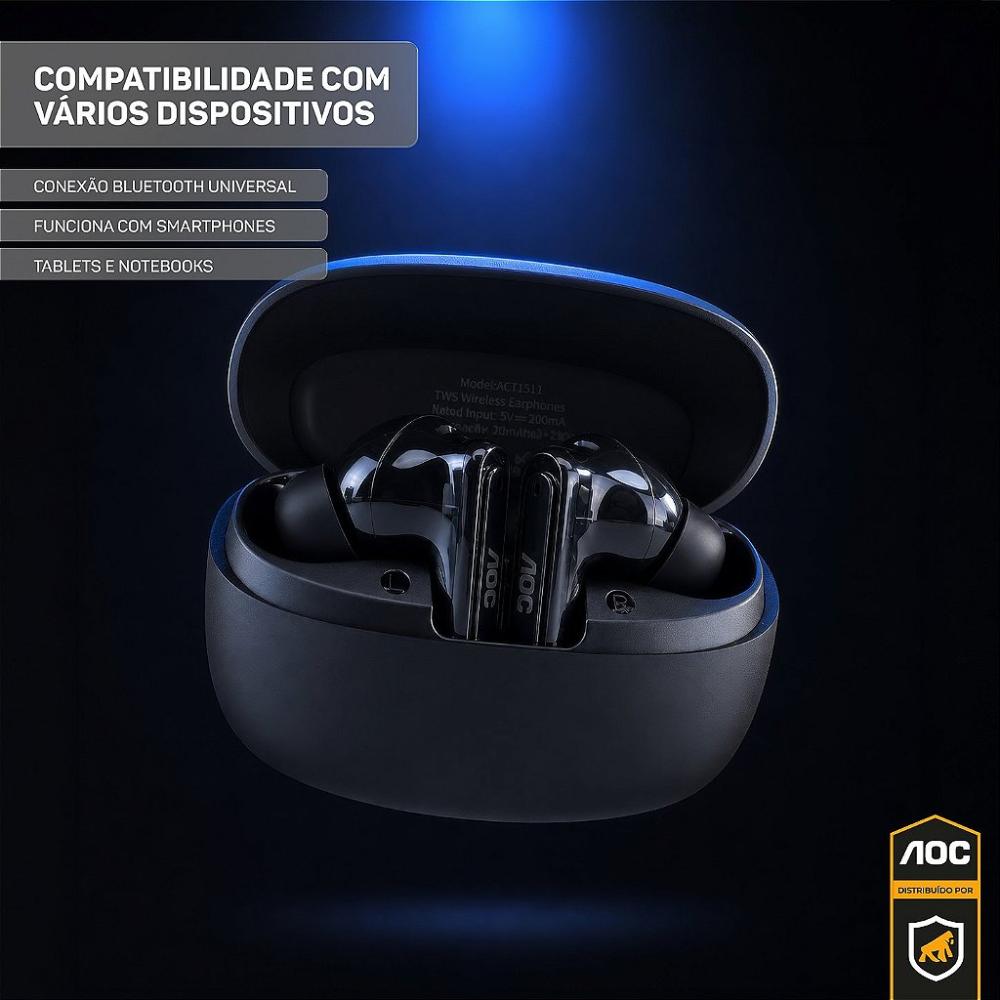 Miniatura Fone Bluetooth 5.3 Sem Fio Ergonômico, Alcance até 10m e Microfone Integrado - Preto - AOC