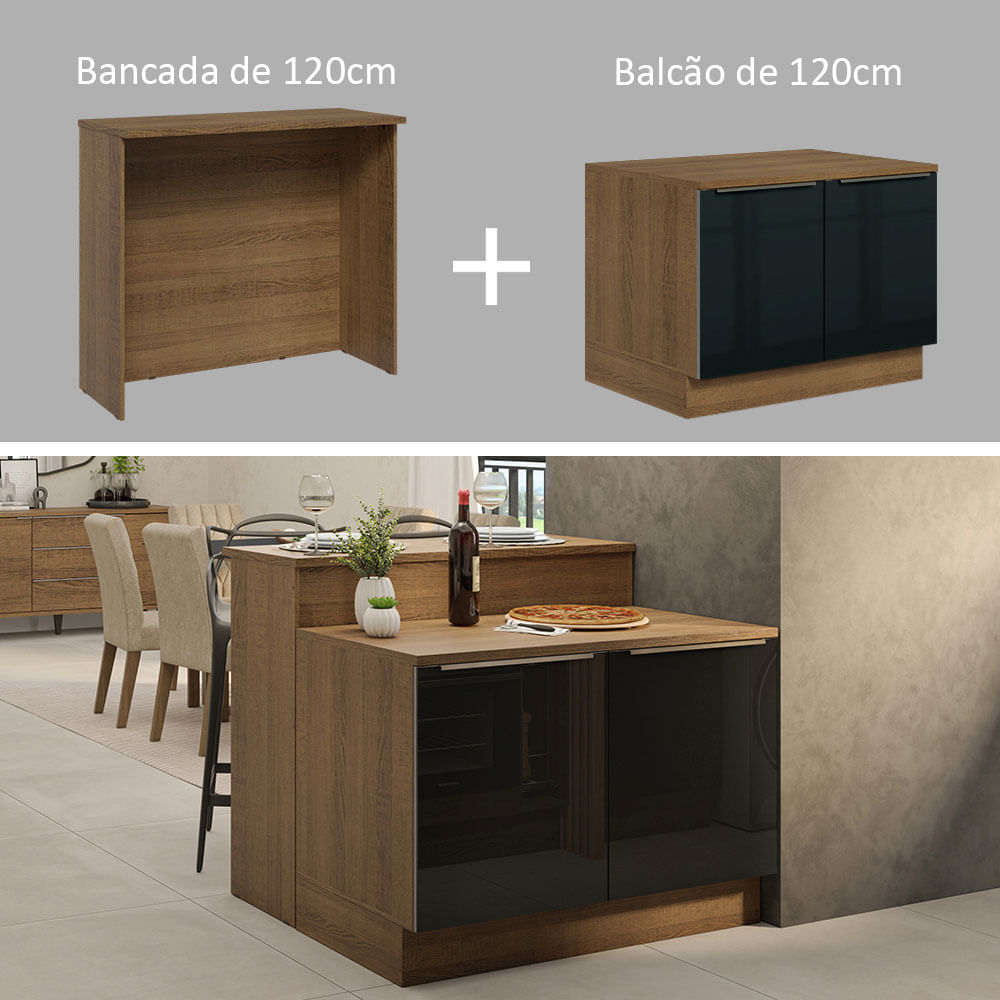 Ilha de Cozinha com Bancada e Balcão 120 cm Rustic/Preto Lux Madesa Cor:Rustic/Preto