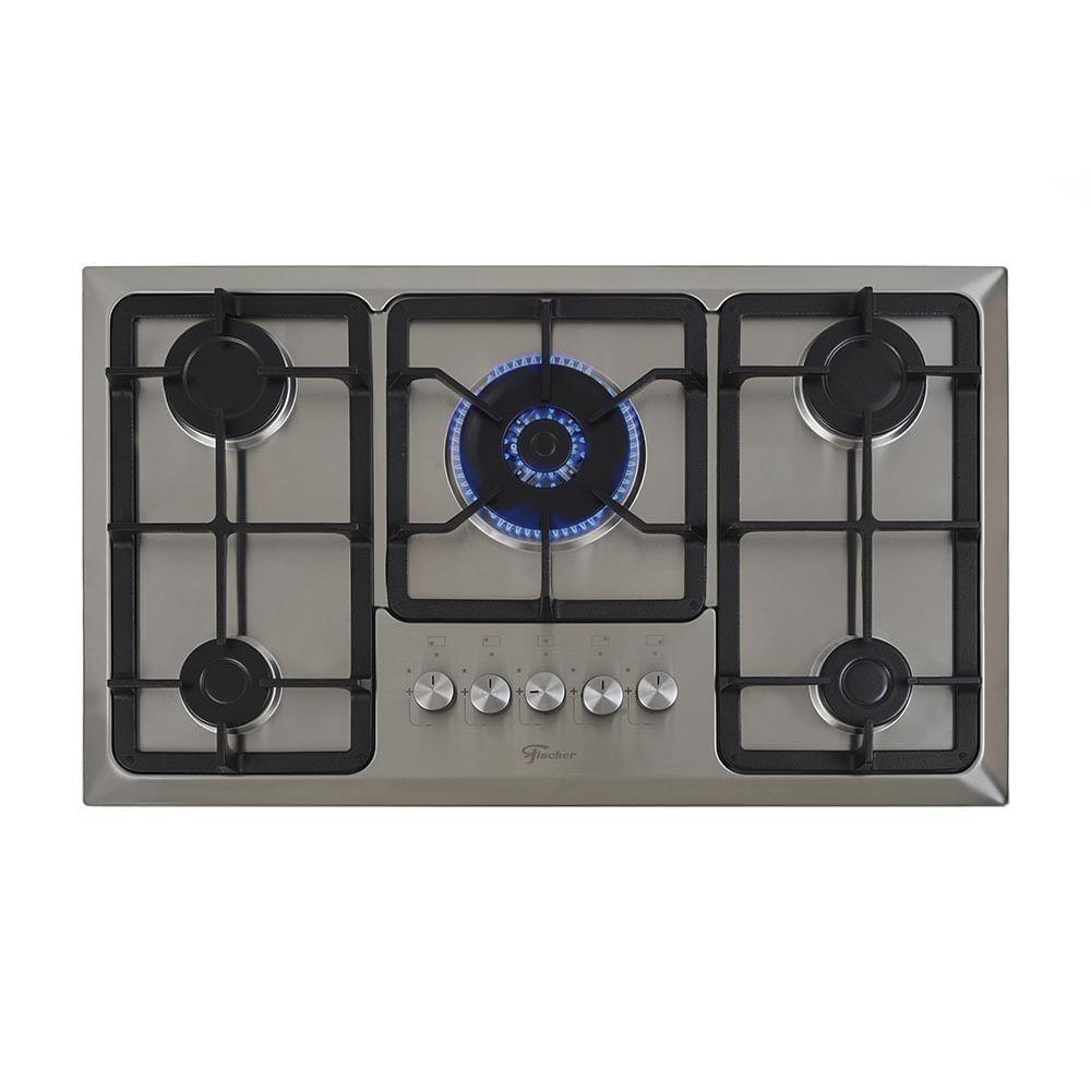 Miniatura Cooktop 5 Bocas Fischer Infinity Trempe De Ferro Tripla Chama à Gás Mesa Inox Bivolt