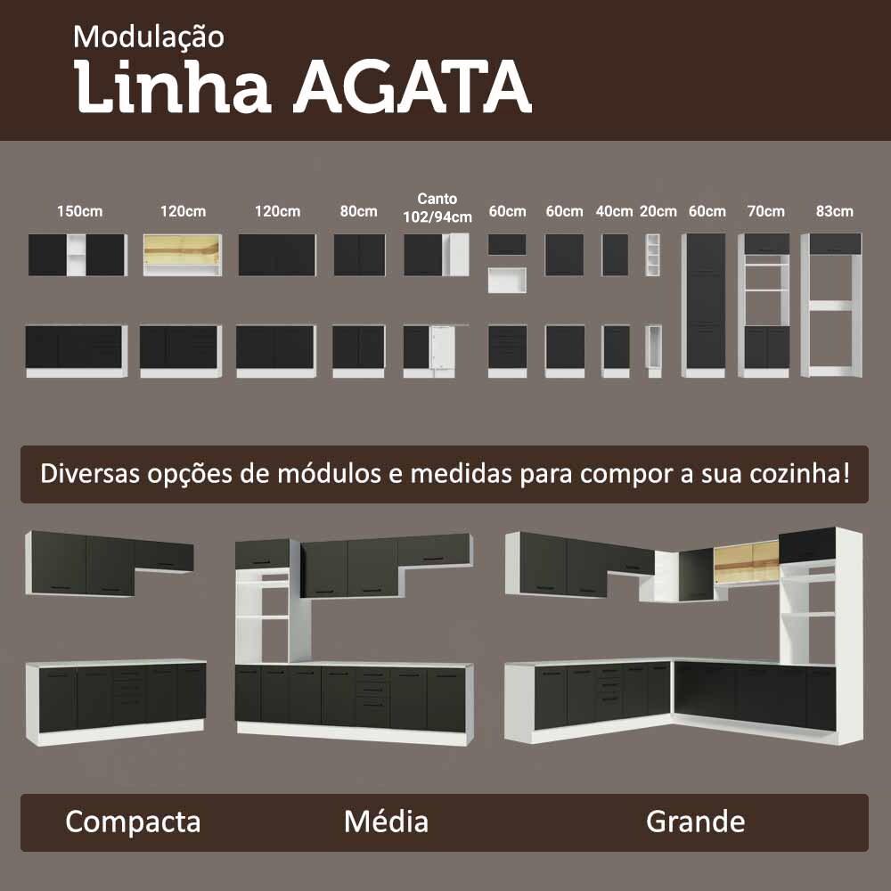Armário de Cozinha Compacta 190cm com Cristaleira Branco/Preto Agata Madesa 01 Branco/Preto