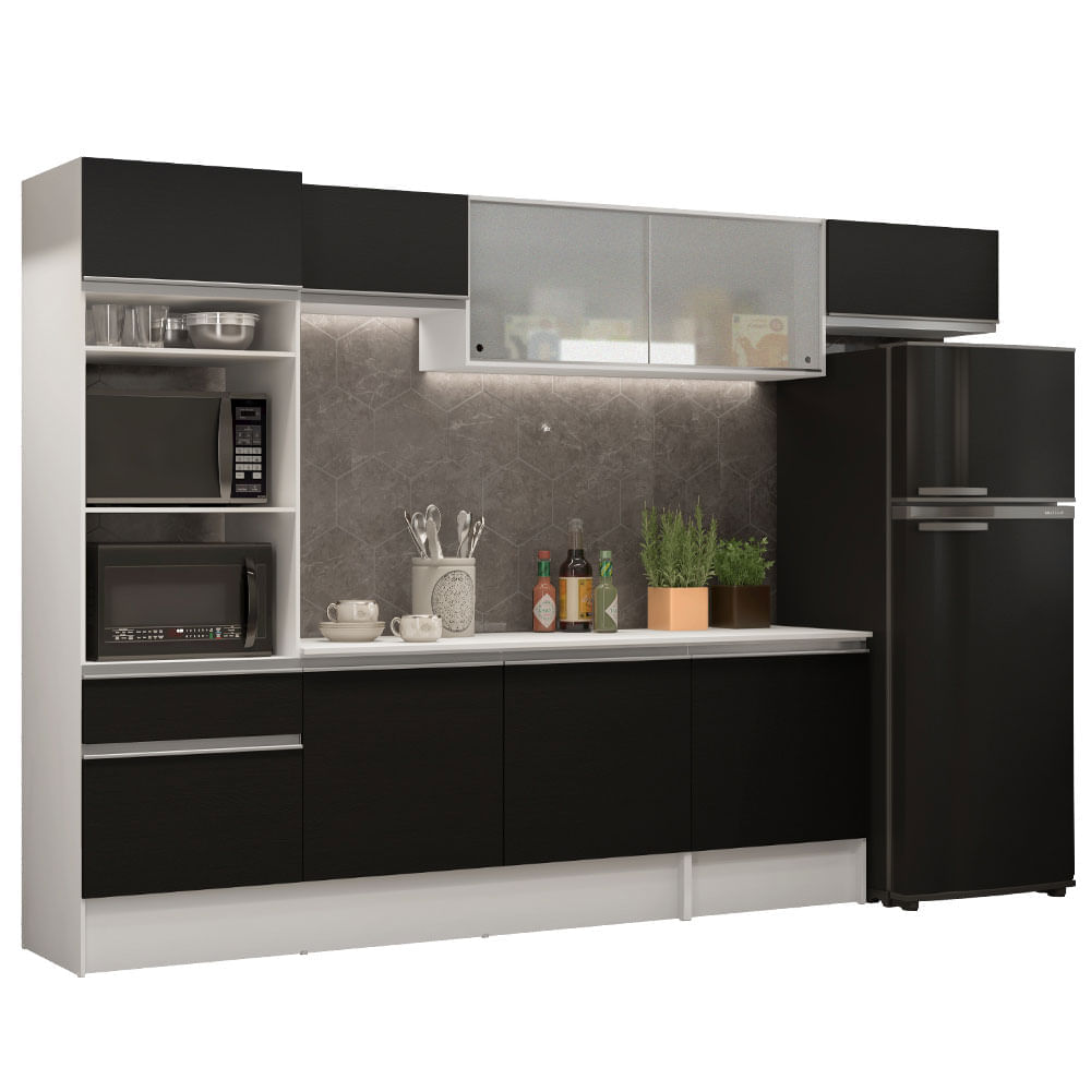 Cozinha Completa Madesa Topazio 300001 com Armário, Balcão e Tampo Branco/Preto Cor:Branco/Preto