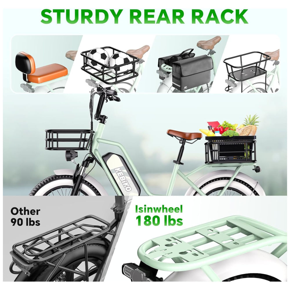 Bicicleta Elétrica para 2 Pessoas, Bateria Removível de 48V 20AH, Motor Potente, Pneus Largos 20"x 4.0" para Adultos, Autonomia de 80 Milhas, Velocida