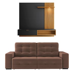 Miniatura Sofá 4 Lugares Linoforte Bonno Retrátil e Reclinável 230 cm de Largura + Painel Home Suspenso Colibri Tocantins 160 cm de Largura, para TV até 60” Sofá Cacau e Painel Preto Fosco