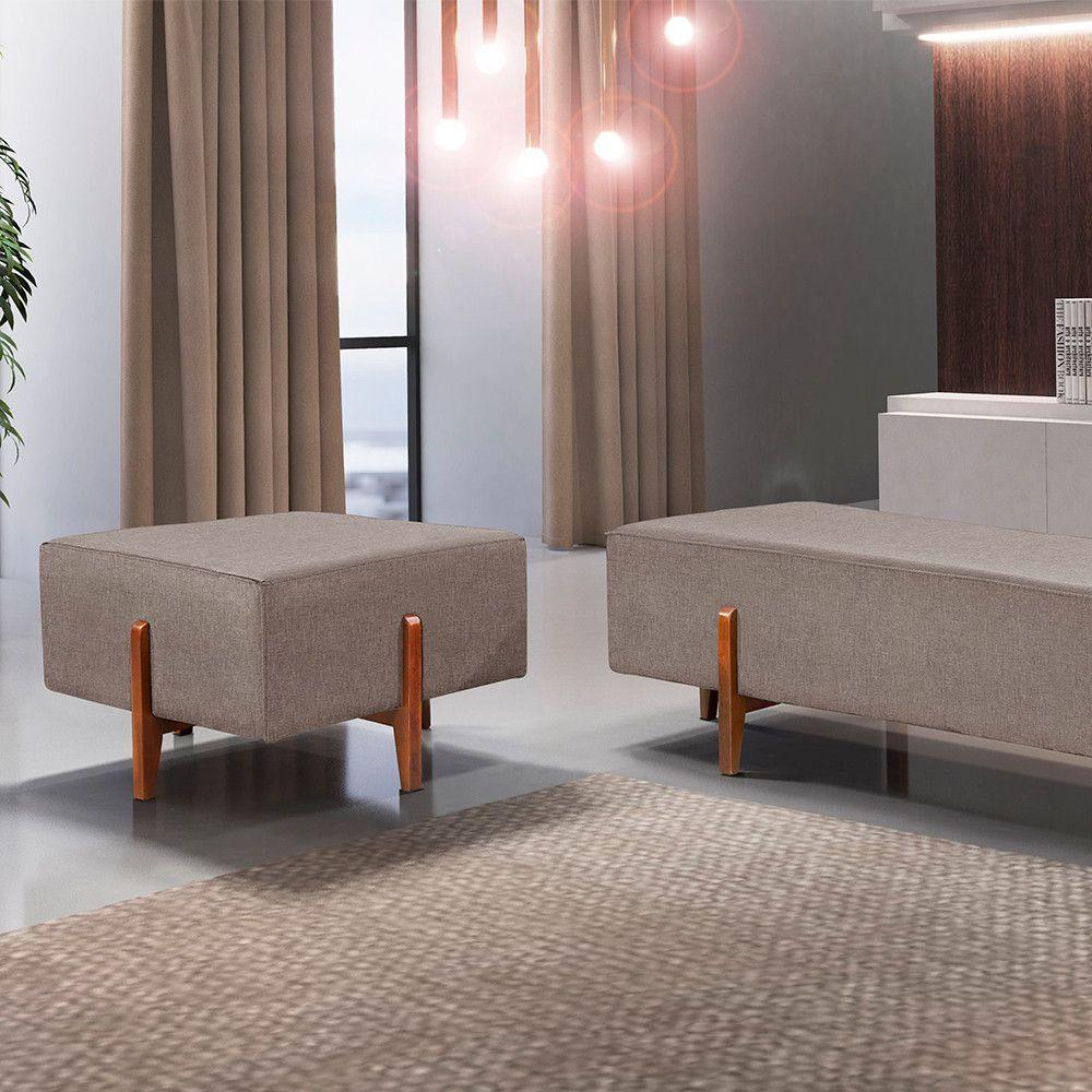 Miniatura Puff Banqueta Linho Zurik Luxo Madeira Maciça Castellar Móbile Cappuccino