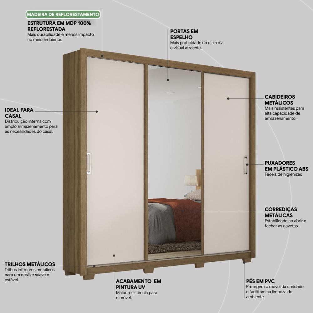 Guarda Roupa Casal 3 Portas Com Espelho E 2 Gavetas Residence Amêndola Touch-off White