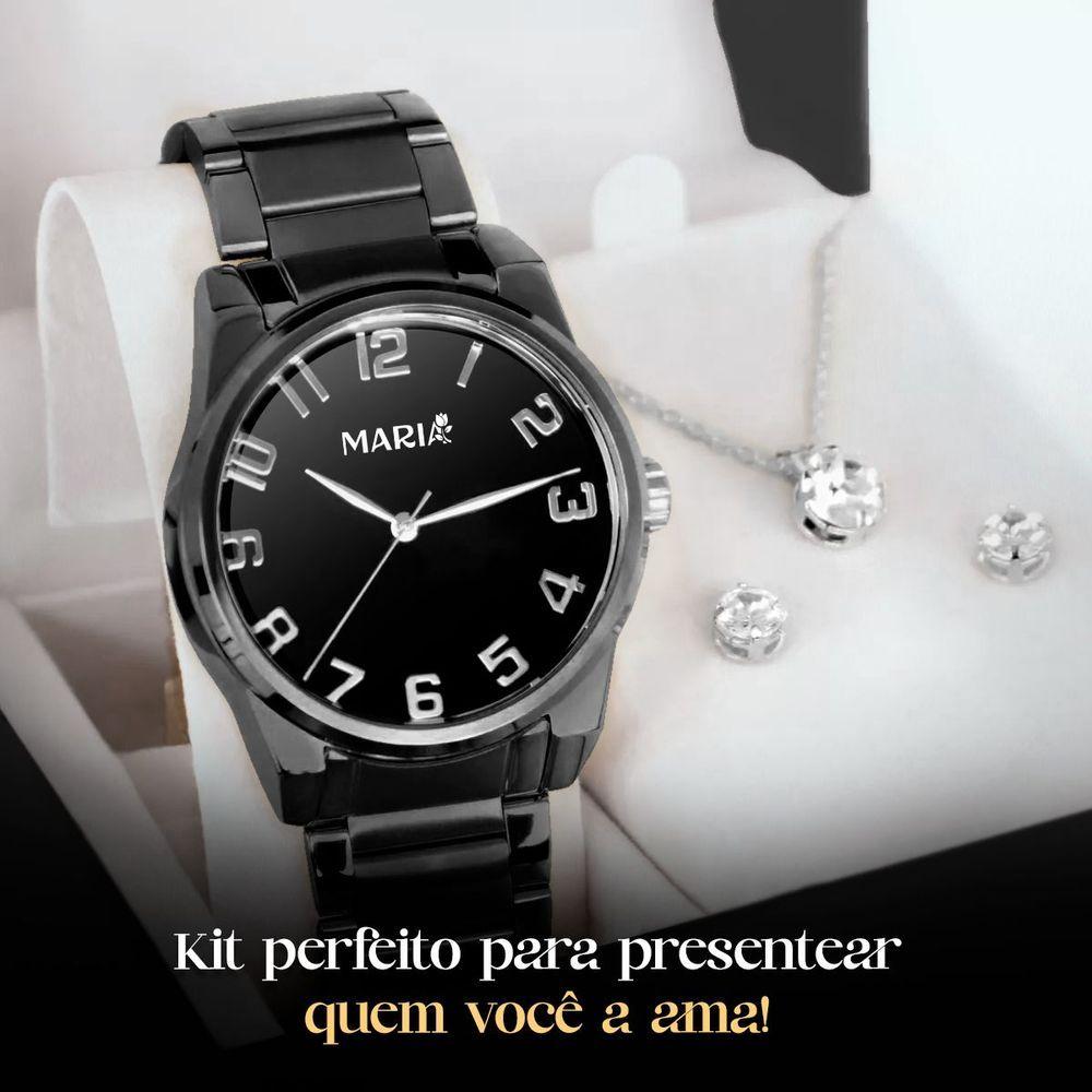 Relogio Feminino Preto Aço Inox + Caixa + Brincos + Colar Original Presente Qualidade Premium Social