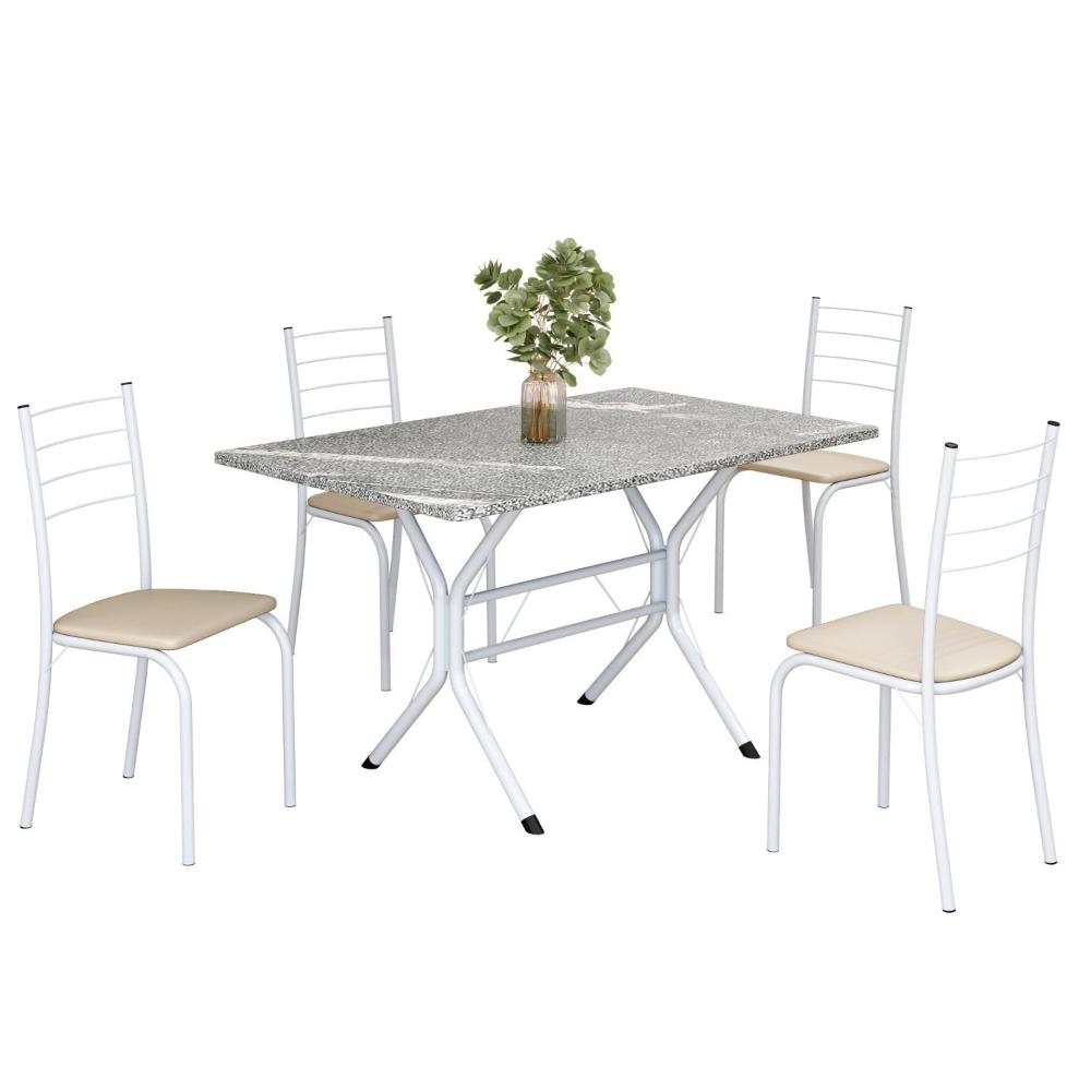 Miniatura Conjunto Sala de Jantar Mesa Retangular 100x60cm Tampo Granito Topázio 4 Cadeiras Rio Creme / Branco