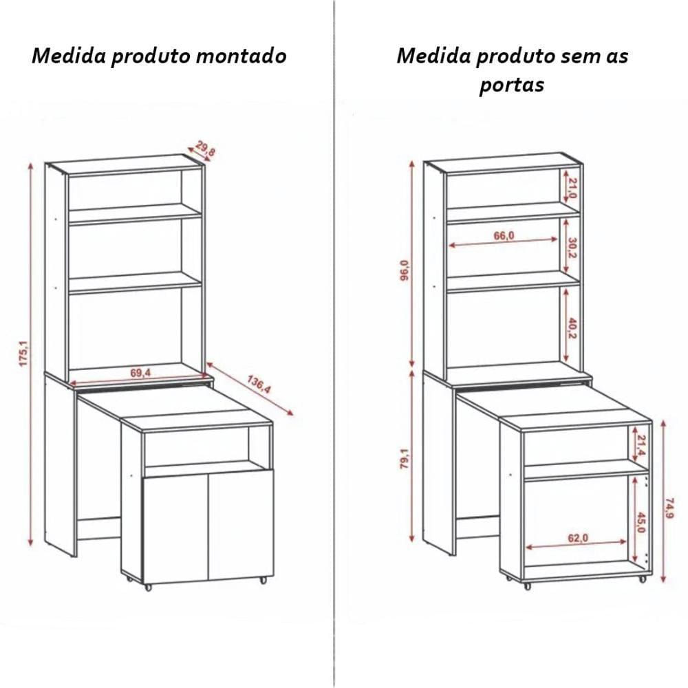 Armário Bancada De Cozinha 2 Portas Com Mesa Retrátil Duo - Branco