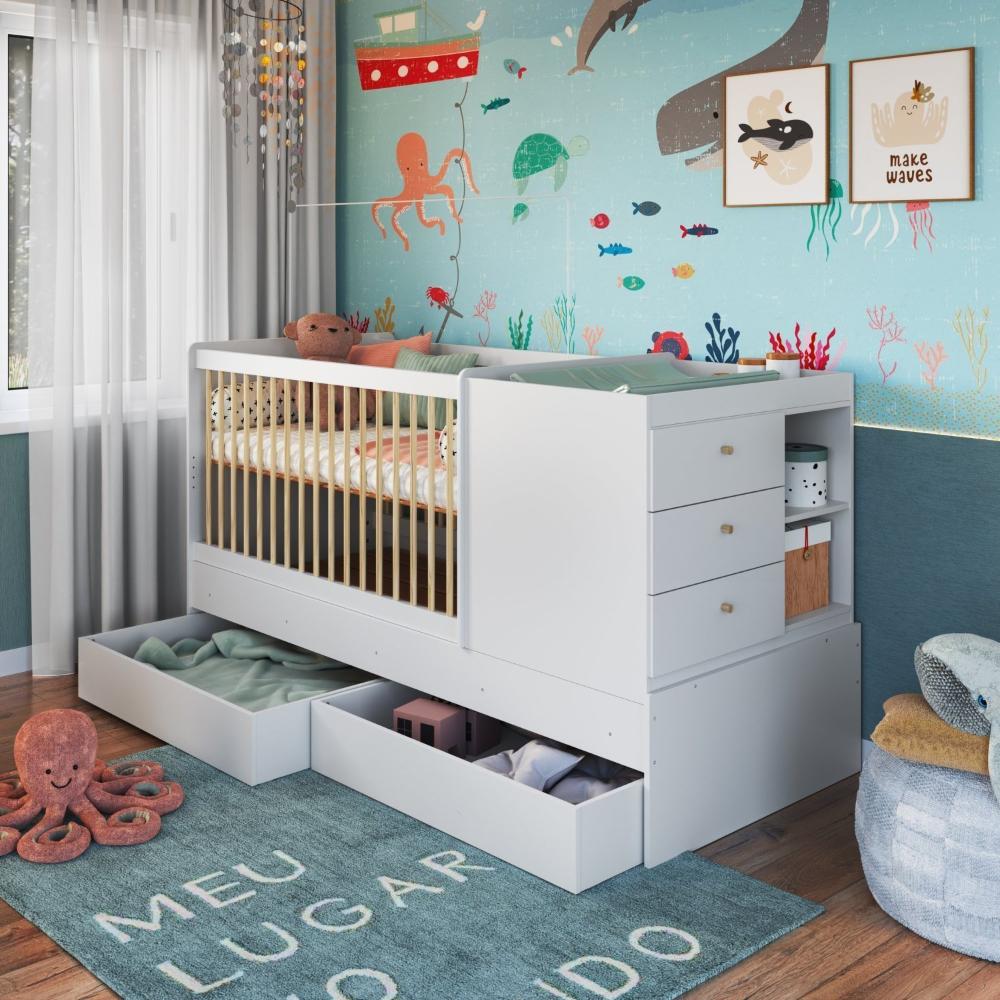 Miniatura Berço Multifuncional com Cama Auxiliar 3 Gavetas Malu Branco