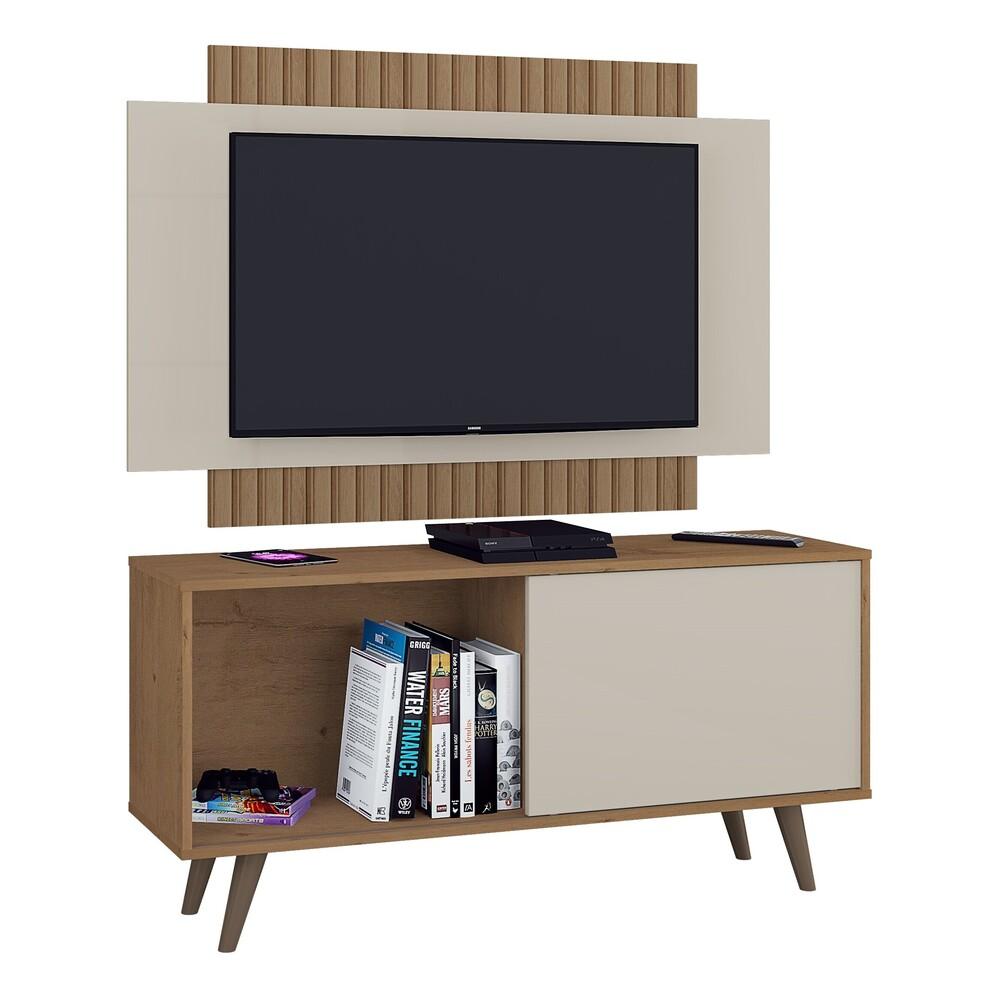 Miniatura Rack com Painel TV até 50" com Pés Retrô Multimóveis CR45219 Canelato Rústico/Natura Off W.