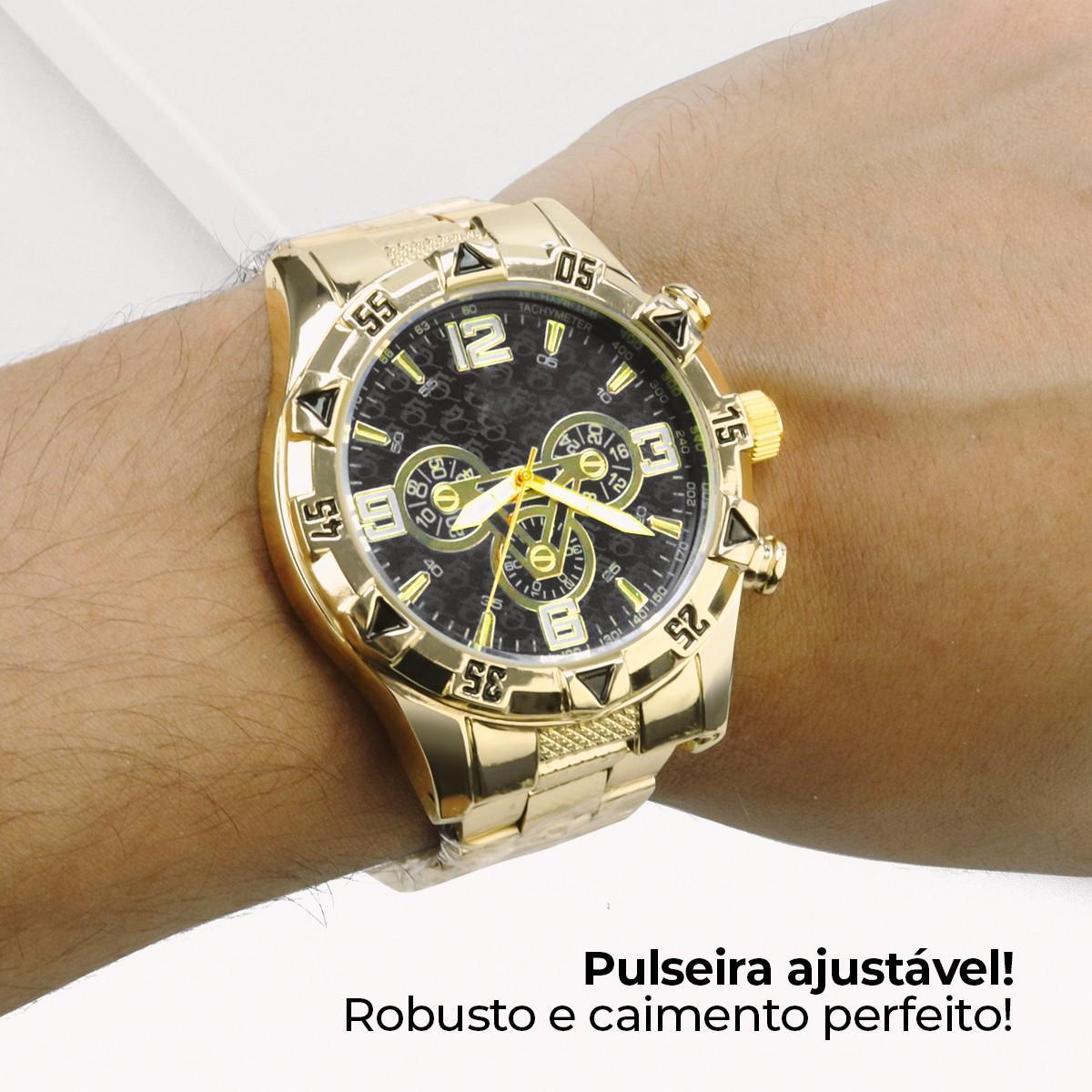 Miniatura Kit Relógio Dourado + Acessórios Masculinos