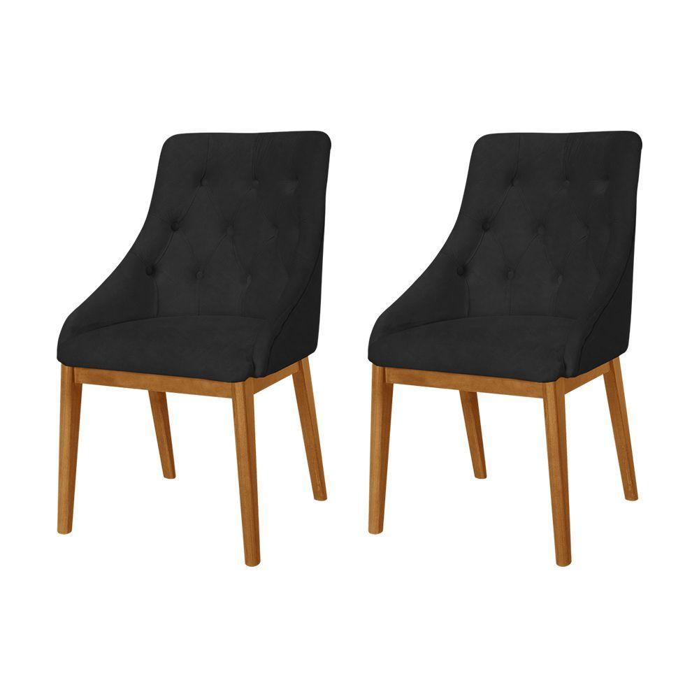 Miniatura Kit 2 Cadeiras De Jantar Elisa Nobre Estofada Capitonê Em Tecido Sintético Preto Base Madeira Maciça