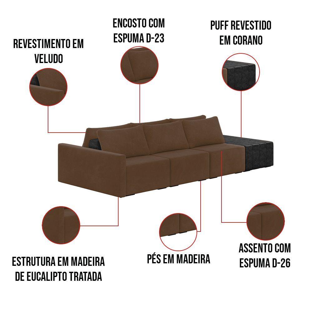 Miniatura Sofá Ilha 3 Lugares Living 402cm Modulado Lary Veludo-pu Pto K01 Cor Marrom