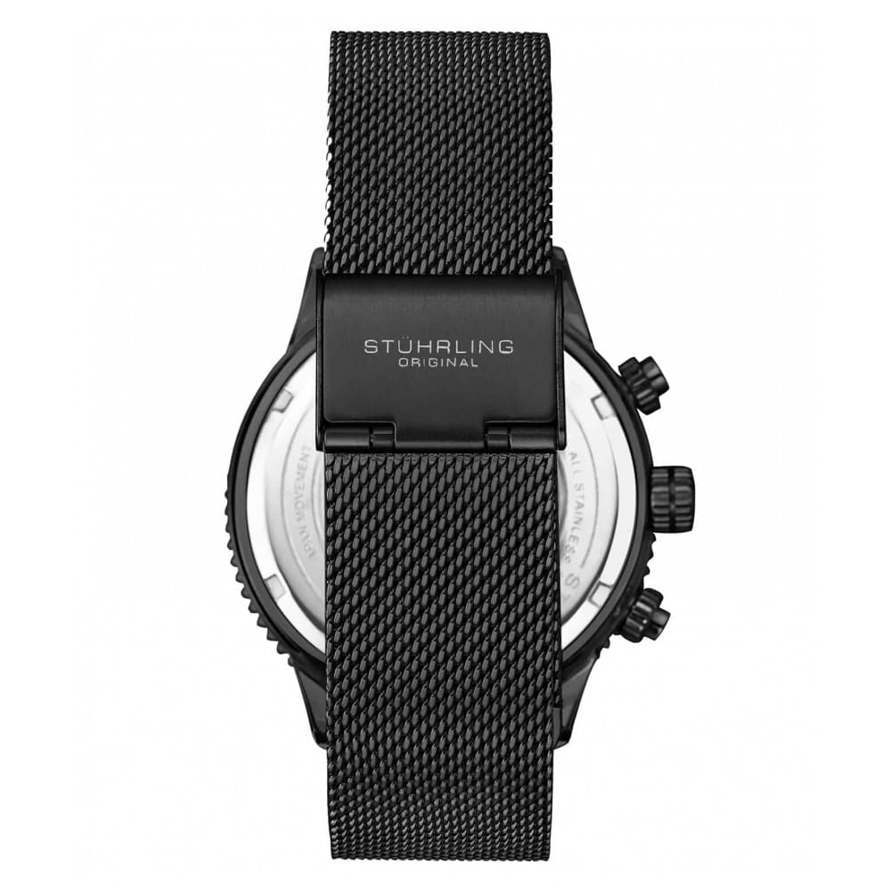Miniatura Relógio Cronógrafo Stuhrling Monaco 669M e 3976 de 42mm, Mostrador Preto e Pulseira de Aço Inoxidável Preto