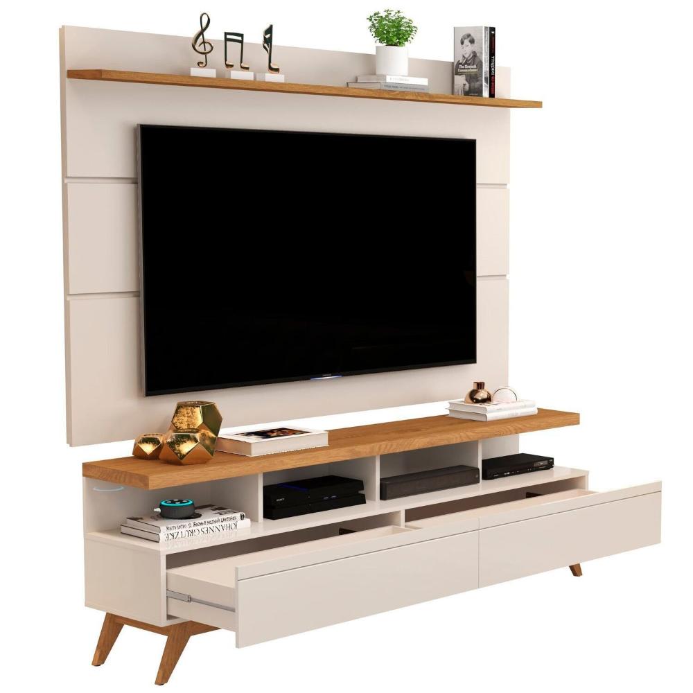 Rack com Painel para Tv até 60 Polegadas Pés em Madeira Maciça Off White/Nature