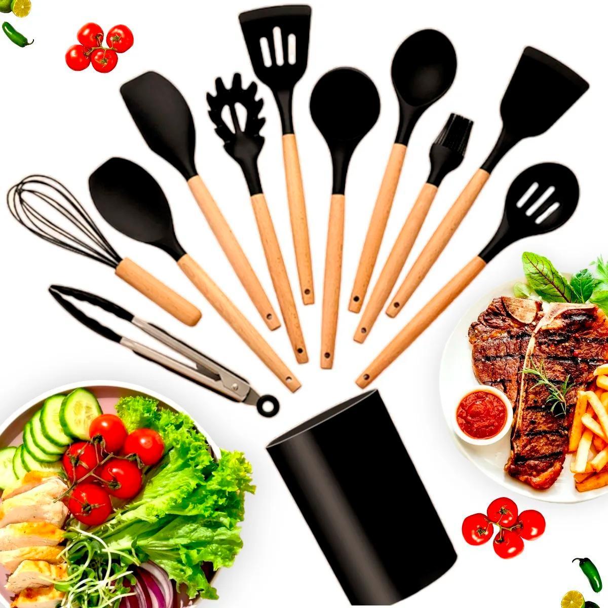 Miniatura Kit Utensílios Cozinha Silicone Colher Copo Suporte 12 Peças