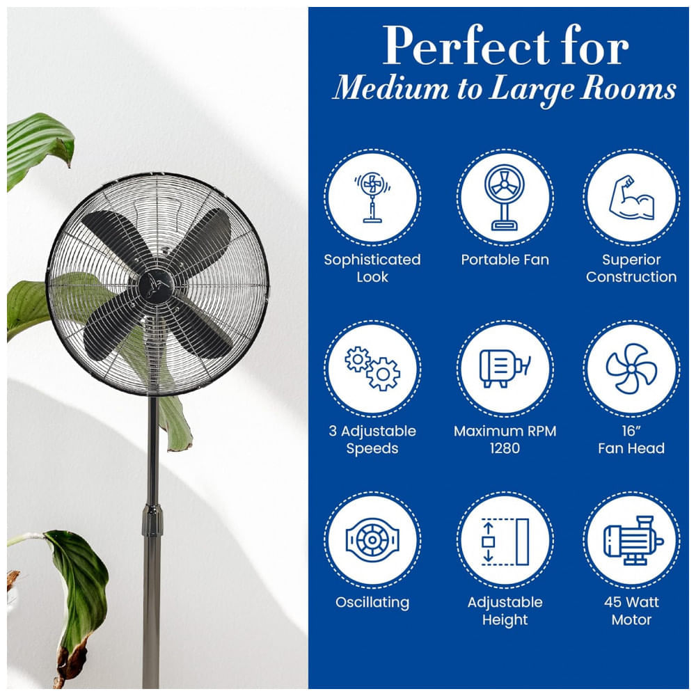 Ventilador de Piso com Pedestal, 3 Velocidades e Altura Ajustável, Deco BREEZE Retrô DBF0210, Preto Metálico