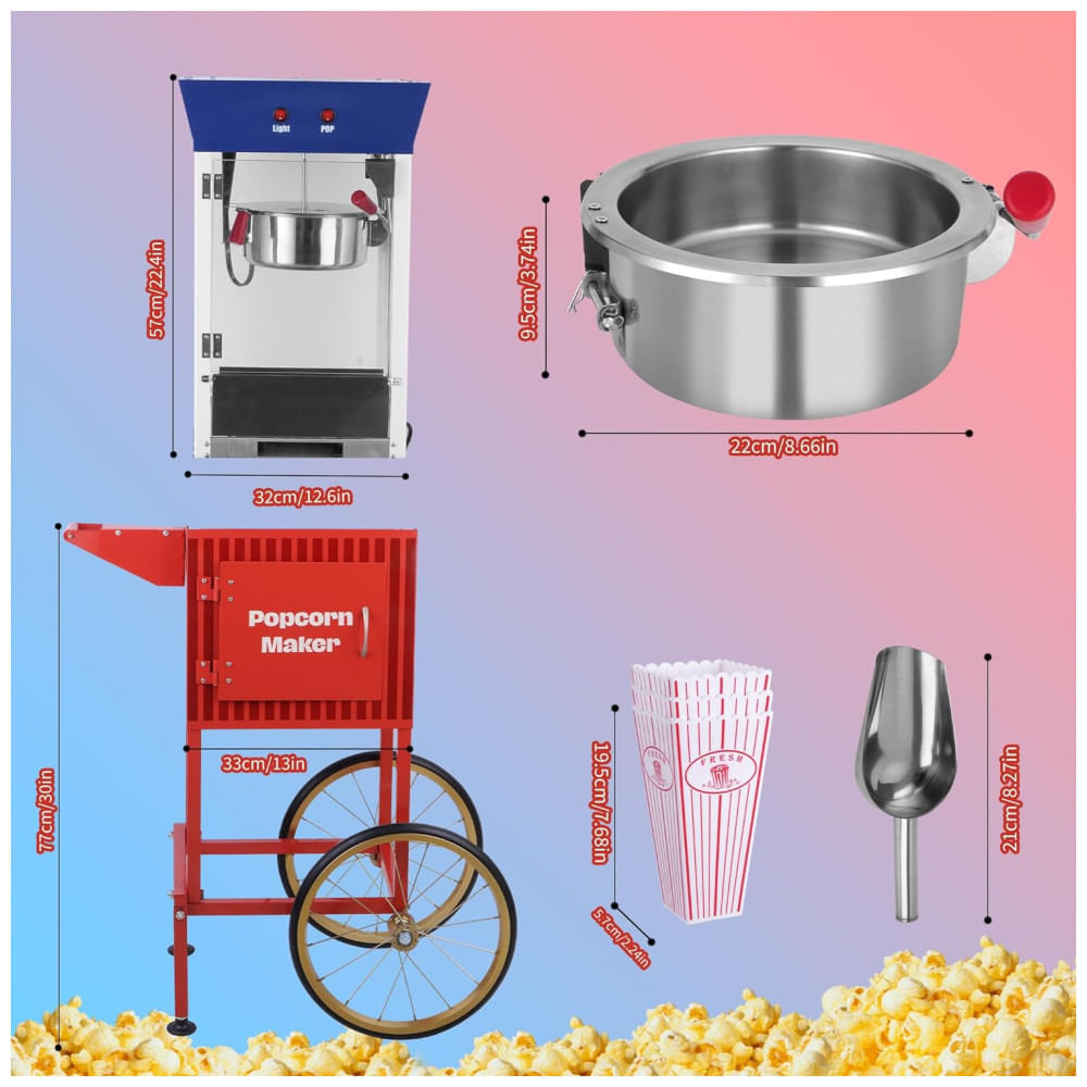 Máquina de Pipoca Profissional Vintage com Carrinho Móvel e Capacidade de 0,28g Fredeer 110v