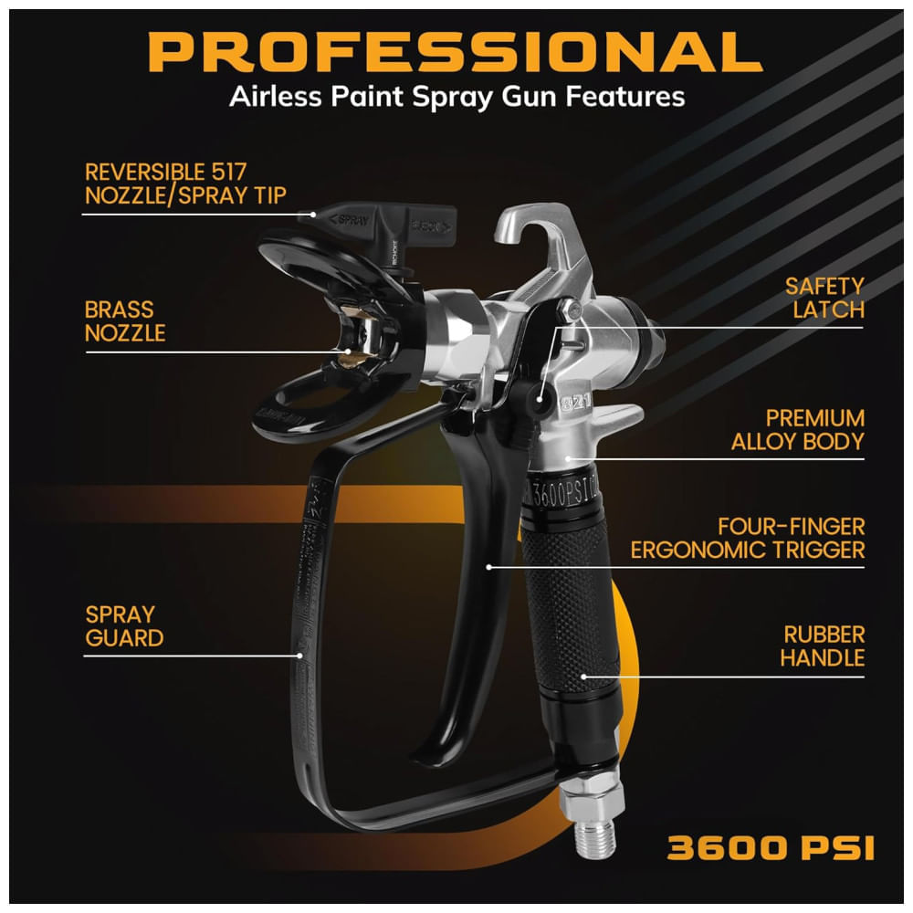 Pistola de Pintura Airless Premium Modelo 821, Alta Pressão 3600 PSI com Bico Reversível 517, Junta Giratória, Cabo de Borracha, RICHOKIE.