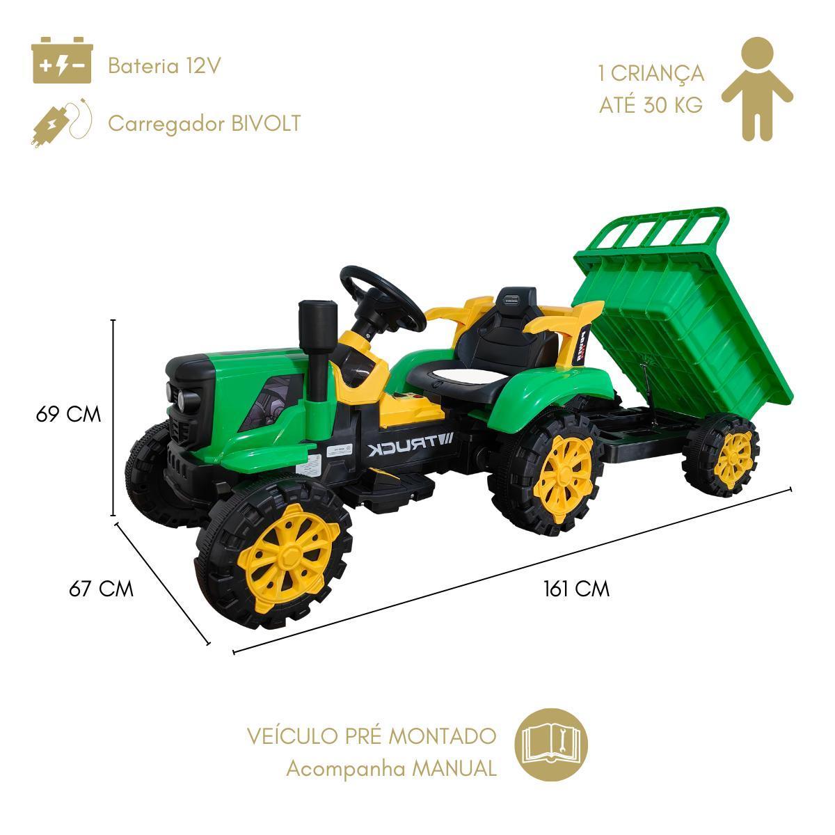 Trator Elétrico Infantil 12V Verde Caçamba Música Mp3 Pedal