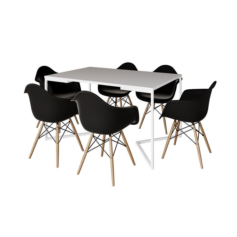 Miniatura Mesa Jantar Industrial Retangular Branca 137X90Cm Base V Ferro Branco Com 6 Poltronaspreta Marrom
