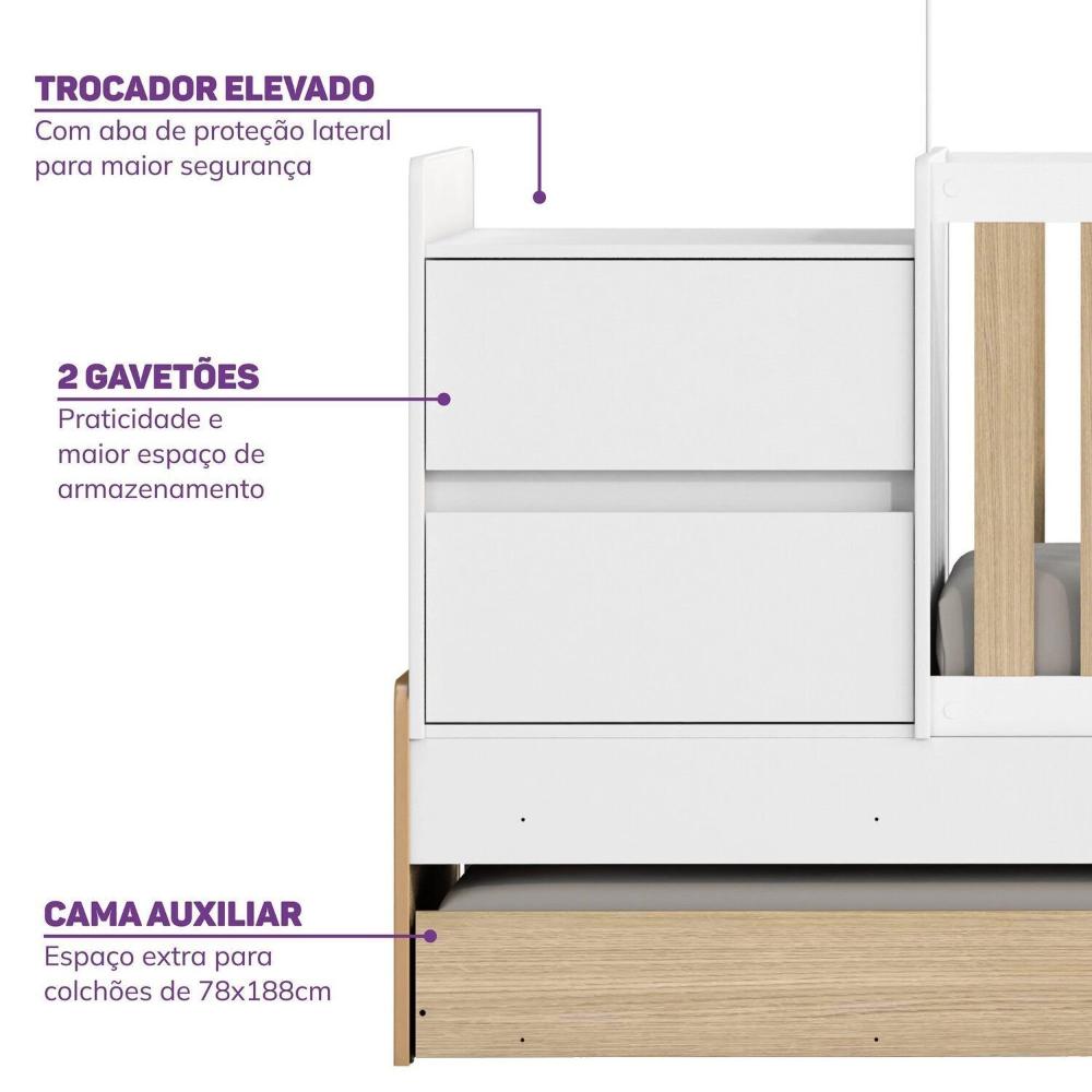 Berço Cama Multifuncional Auri com 2 Gavetas e Cama Auxiliar Casatema Carvalho Mel/Branco
