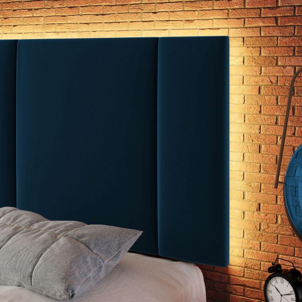 Cabeceira Estofada Cama Casal Queen Size Led Star 160 Cm Bivolt veludo Azul Marinho