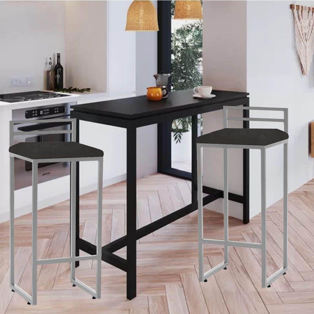 Miniatura Banqueta Alta Com Encosto Petra Balcão Bar Cozinha Bistrô Ferro Prata Suede Cinza