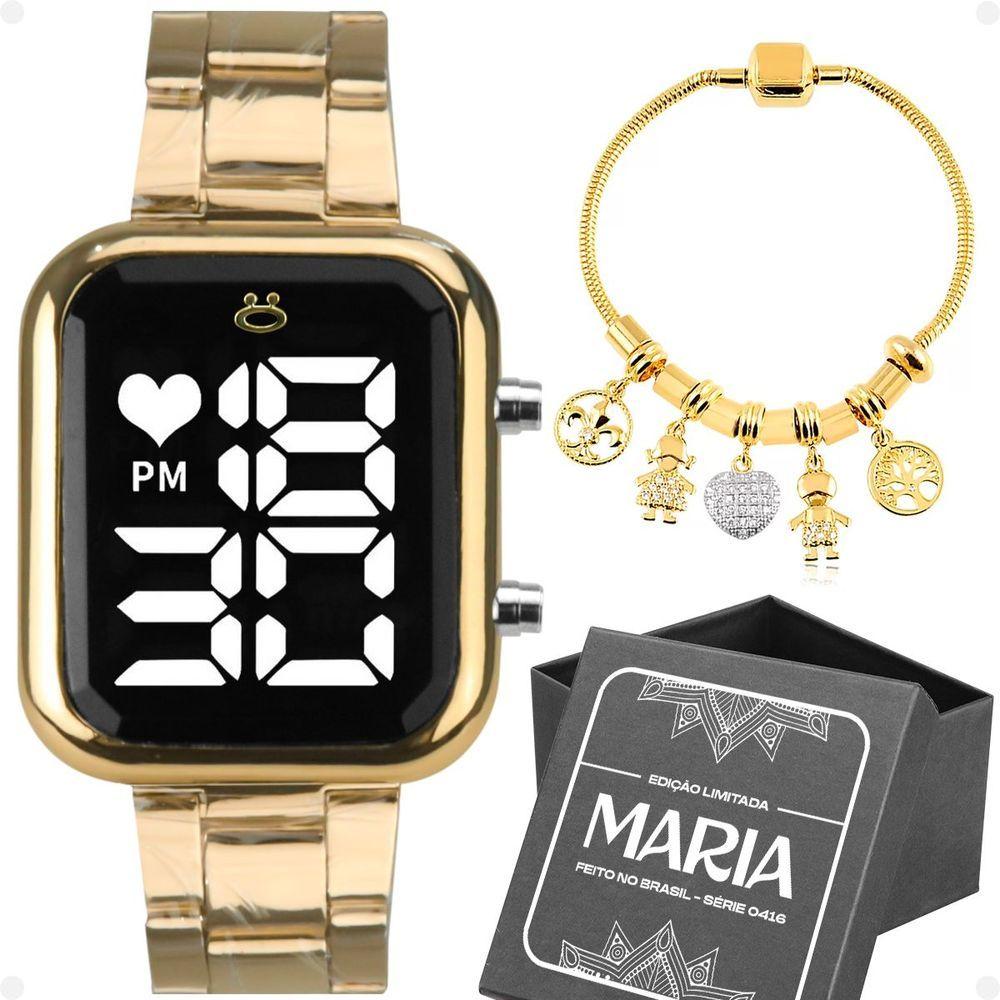 Miniatura Pulseira Pandora + Relogio Feminino Dourado Digital