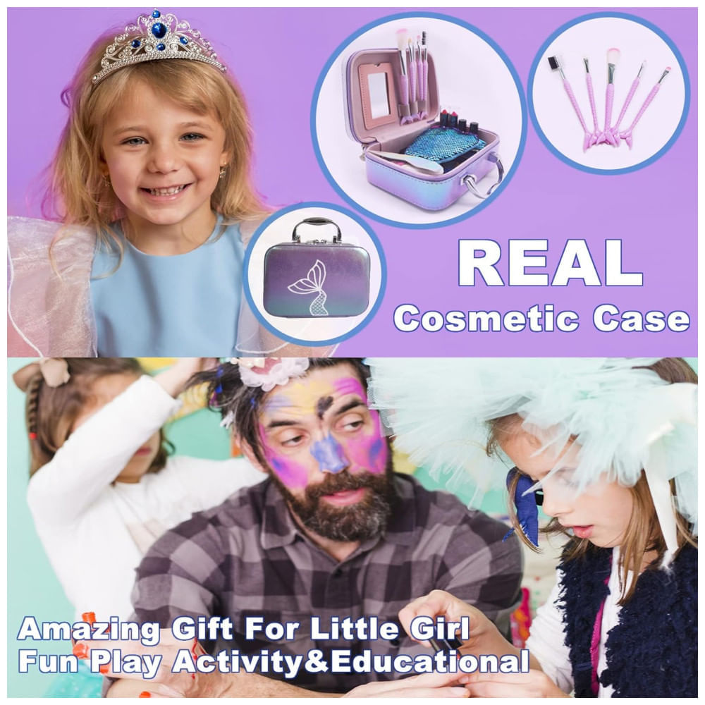 Miniatura Kit de Maquiagem Infantil Lavável com 20 Peças para Crianças de 4 a 10 Anos, 10Leccion Sereia, Roxo e Rosa 110v