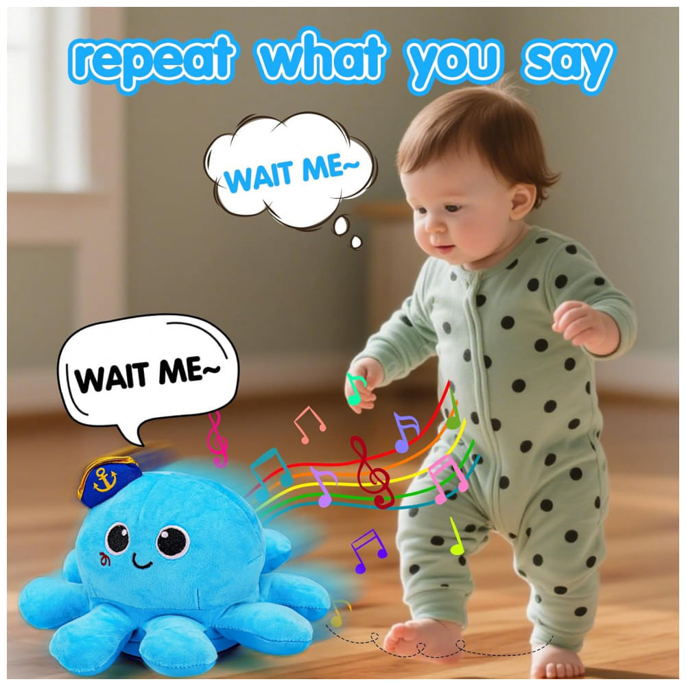 Miniatura Polvo musical de pelúcia azul Tsomtto T899 com luz, fala gravada e movimento para engatinhar e caminhar
