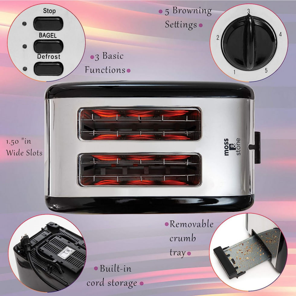 Miniatura Torradeira Elétrica 2 Fatias com 5 Níveis de Tostagem e Bandeja de Migalhas Removível, 110V 850W, Moss  Stone, Preta e ...