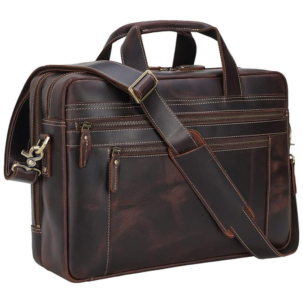 Miniatura Bolsa Carteiro Masculina de Couro Bovino para Laptop com 17 Polegadas, TIDING, Marrom 110v