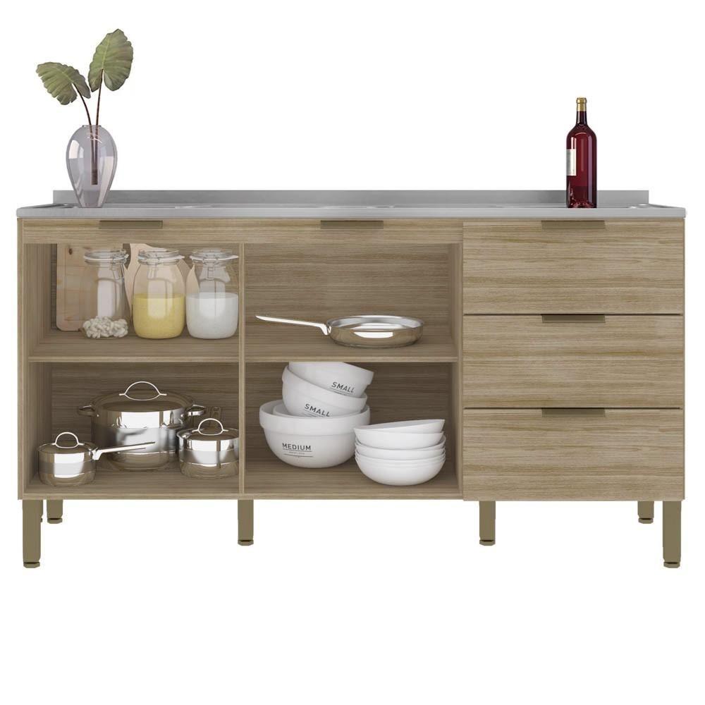 Miniatura Balcão Gabinete Com Pia Inox 160cm Charm K02 Freijó - Mpozenato
