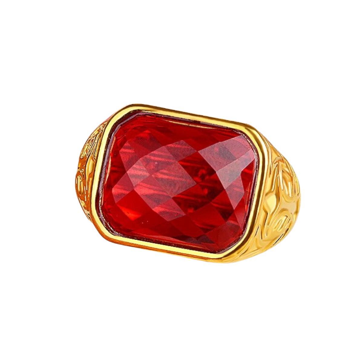 Miniatura Anel Masculino Dourado Pedra Vermelha Banhado Ajustável