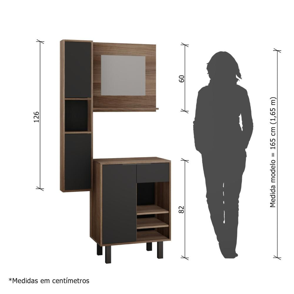 Miniatura Gabinete para Banheiro com Armário Suspenso e Espelheira Kira Estilare Preto/Amadeirado