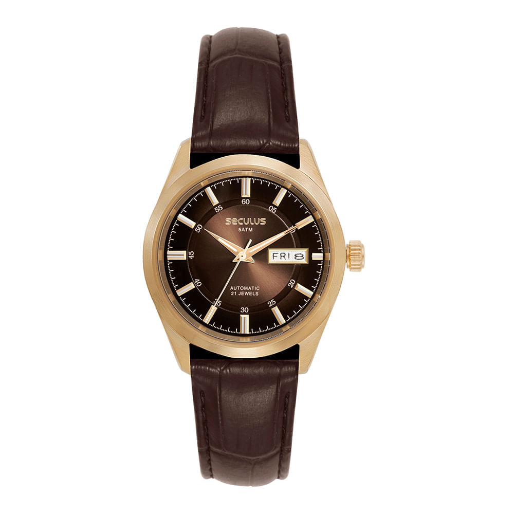 Relógio Automático Masculino Couro Marrom Croco