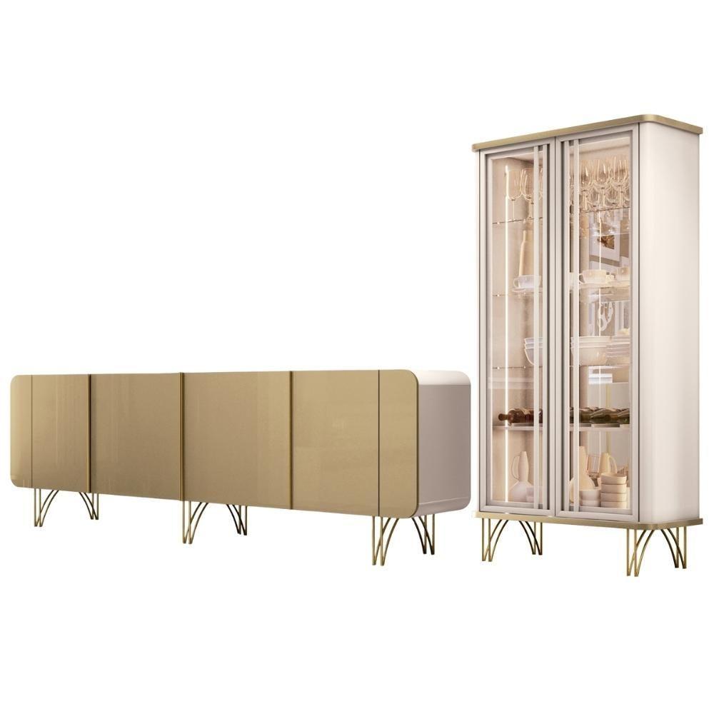 Miniatura Kit Aparador Buffet Bar Living Santiago Com Cristaleira Adega Síria B01 Off White Champagne - Lyam Decor